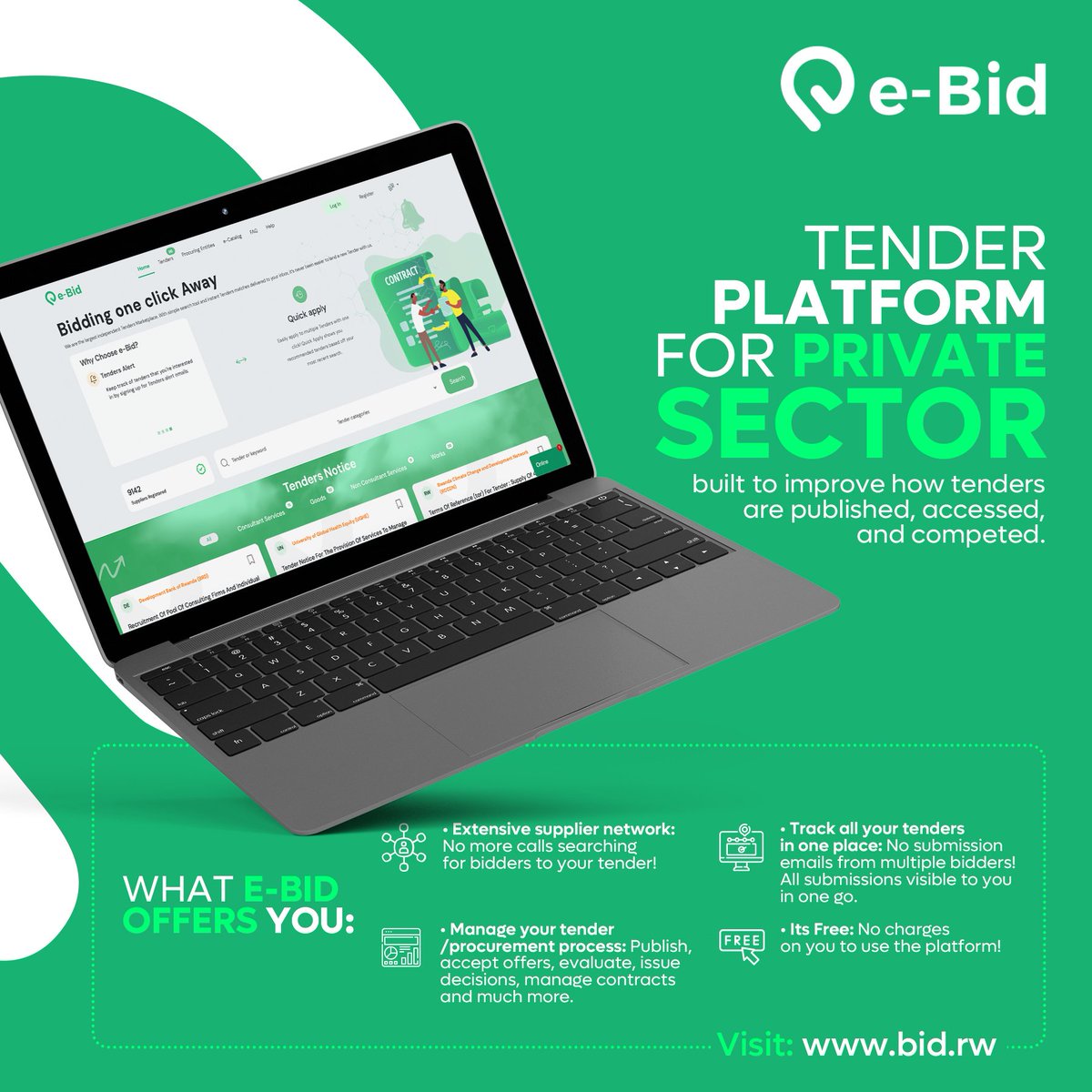 ebid_rwanda's tweet photo. No more waiting for tender emails! With eBid, private procuring entities find, review, and apply to tenders in a snap. #eBidPlatform #TenderWinners https://t.co/OvvvGVy0ya