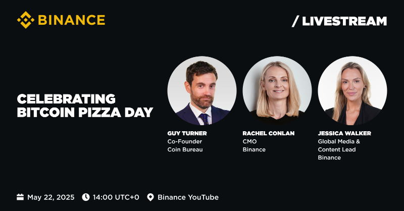 binance's tweet photo. Get ready for a tasty chat with special guests on our YouTube livestream!

Join us in celebrating #BinancePizza Day on May 22. Engage with us live and ask your burning questions for a chance to be one of 10 lucky winners to snag $100 in USDC

Mark your calendars and stay tuned👇