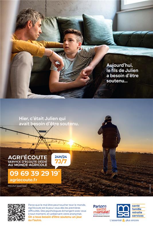 💬 On a tous besoin d’un coup de main, parfois.
Aujourd’hui, Julien est là pour son fils.
Hier, c’est lui qui avait besoin d’être écouté.
Agri’écoute est un service d’écoute anonyme et gratuit, dédié au monde agricole.
Psychologues disponibles🌐 agriecoute.fr