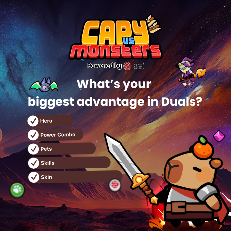 capyvsmonsters's tweet photo. ⚔️ What’s your biggest advantage in Duals?

Choose your edge and dominate the battle!
✔️ Hero
✔️ Power Combo
✔️ Pets
✔️ Skills
✔️ Skin
Tell us in the comments which one gives you the upper hand! 👇 https://t.co/zm4XO00dxT
