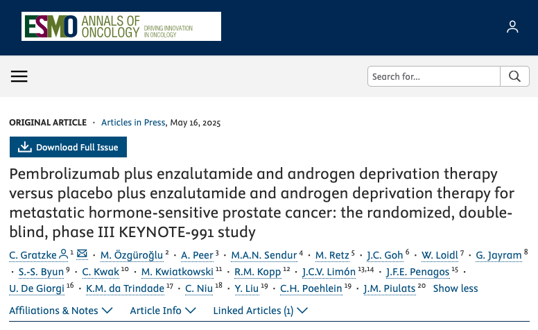 Pembrolizumab plus enzalutamide and androgen deprivation therapy versus placebo plus enzalutamide and androgen deprivation therapy for metastatic hormone-sensitive prostate cancer: the randomized, double-blind, phase III KEYNOTE-991 study

annalsofoncology.org/article/S0923-…

The phase III