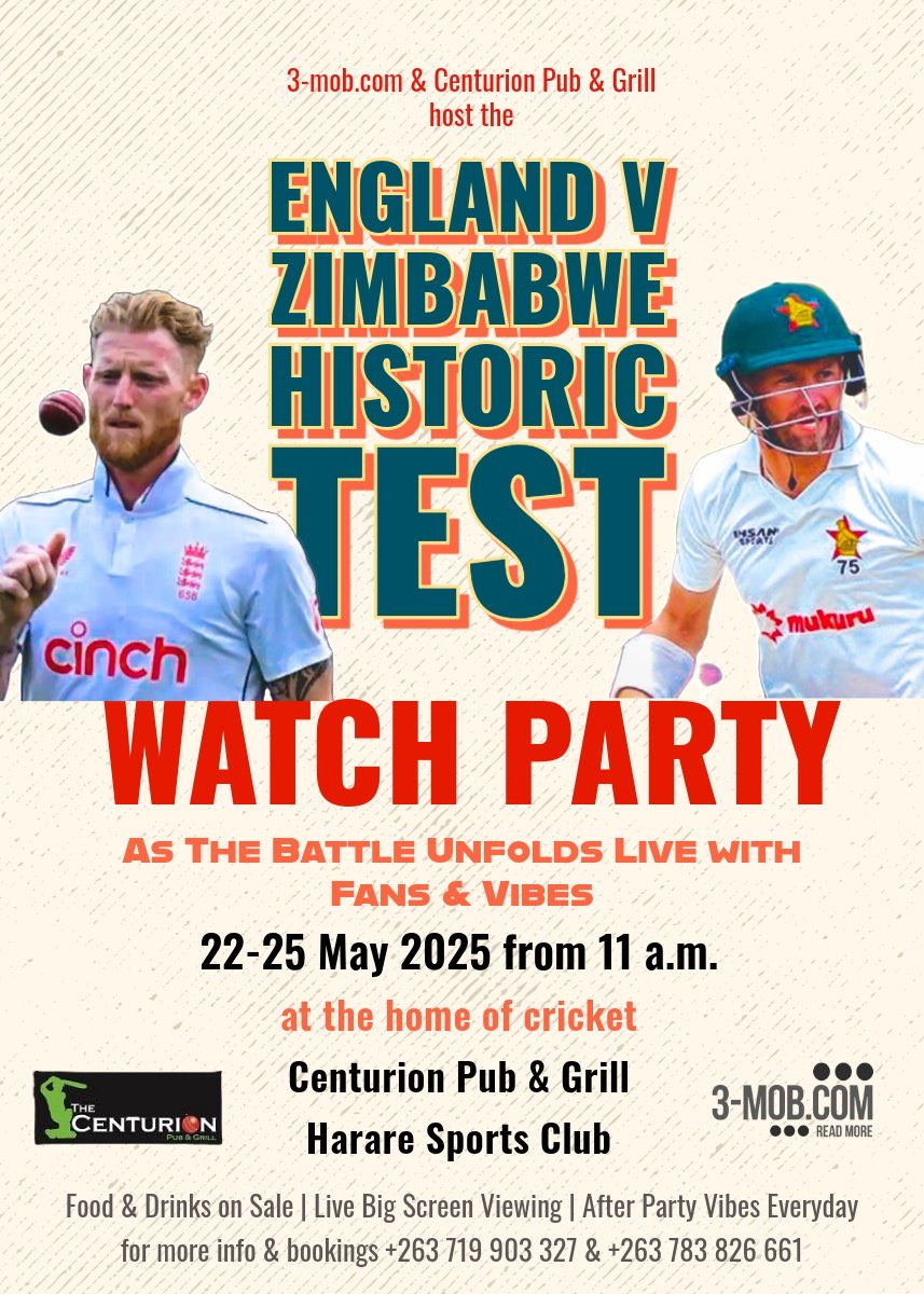 To any of those in Harare looking for a great place to catch the Zimbabwe match this week, join 3-mob at the Centurion for an exciting watch party 🇿🇼