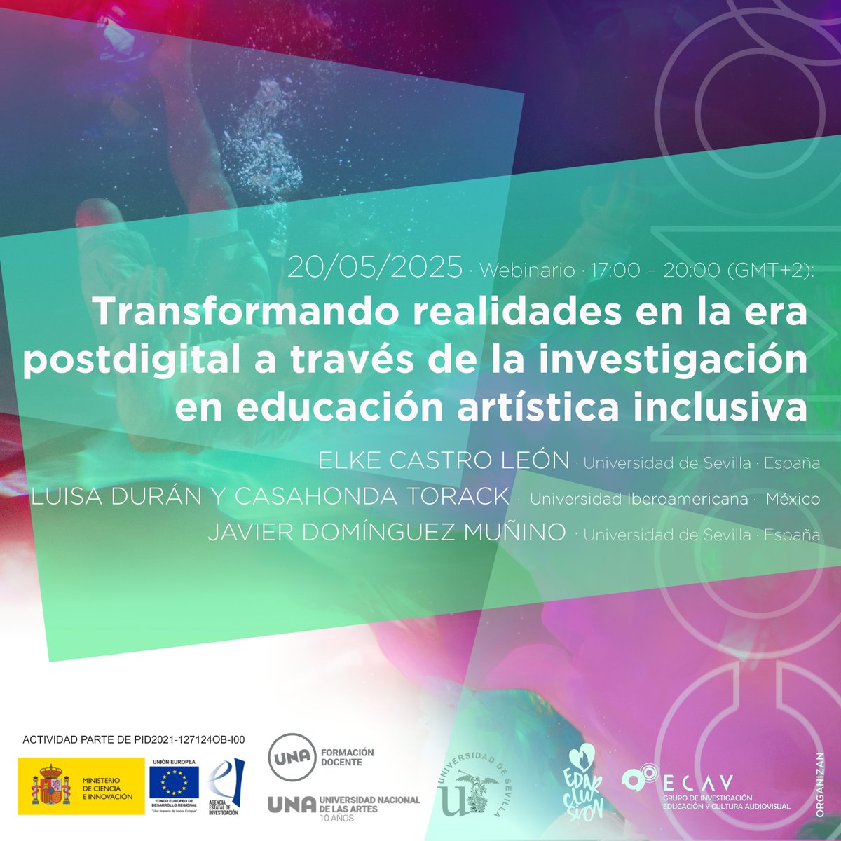 Hoy martes 20, 17:00-20:00 (GMT+2), te esperamos. “Transformando realidades en la era postdigital a través de la investigación en educación artística inclusiva” con Elke Castro León, Luisa Durán y Casahonda Torack y Javier Domínguez Muñino.
🔗acortar.link/RRGqRg  #EDARCLUSION