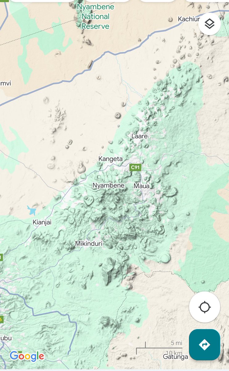 Nyambene mountain range is located to the North East of Mt. Kenya. 

The range rises to a peak of 2500m in the southern section. The fertile mountain with volcanic soil and rain allows growing of cash crops like tea and miraa. Most of Kenyan miraa is grown in Nyambene range.