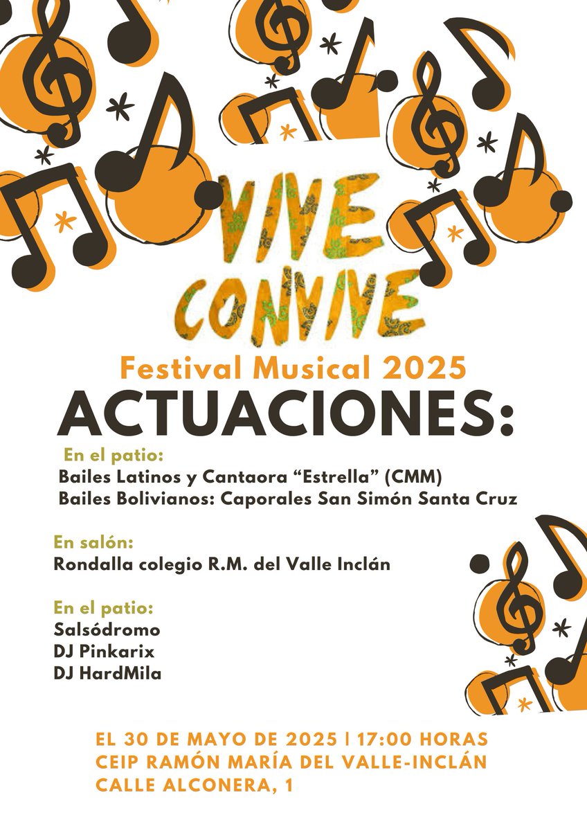 🕛 30 MAYO 2025
❇ 17:00 h.
ℹ Vive y Convive, en el CEIP Ramón María del Valle Inclán
(c/Alconera 1)