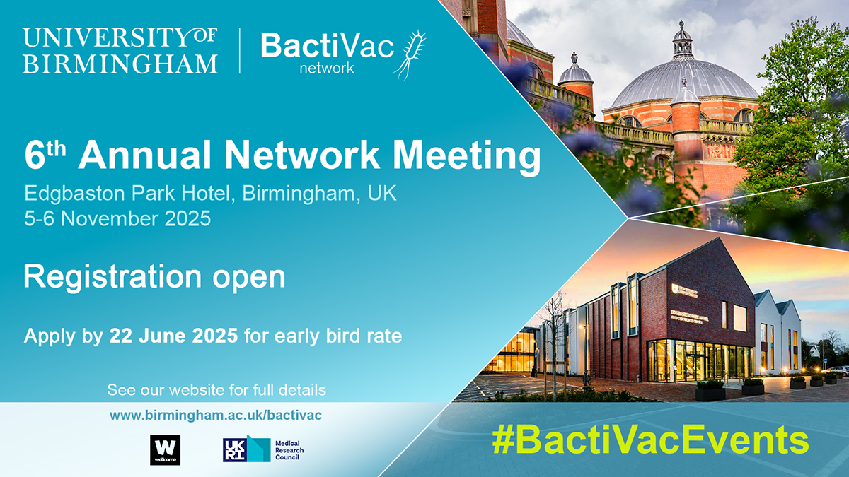 BactiVac Network (@bactivac) on Twitter photo <a href="/BactiVac/">BactiVac Network</a> 6th Annual Network Meeting.
<a href="/EdgbastonPark/">Edgbaston Park Hotel</a> Hotel & Conference Centre, Birmingham, UK.
Register before 22 June 2025 to benefit from the early bird discounted rate: bit.ly/ANM6
#BactiVacEvents
<a href="/wellcometrust/">Wellcome</a>
<a href="/The_MRC/">Medical Research Council</a>
<a href="/MicrobioSoc/">Microbiology Society</a>
<a href="/britsocimm/">British Society for Immunology</a>
<a href="/unibirm_CMH/">College of Medicine and Health (UoB)</a> <a href="/BactiVac/">BactiVac Network</a> 6th Annual Network Meeting.
<a href="/EdgbastonPark/">Edgbaston Park Hotel</a> Hotel & Conference Centre, Birmingham, UK.
Register before 22 June 2025 to benefit from the early bird discounted rate: bit.ly/ANM6
#BactiVacEvents
<a href="/wellcometrust/">Wellcome</a>
<a href="/The_MRC/">Medical Research Council</a>
<a href="/MicrobioSoc/">Microbiology Society</a>
<a href="/britsocimm/">British Society for Immunology</a>
<a href="/unibirm_CMH/">College of Medicine and Health (UoB)</a>