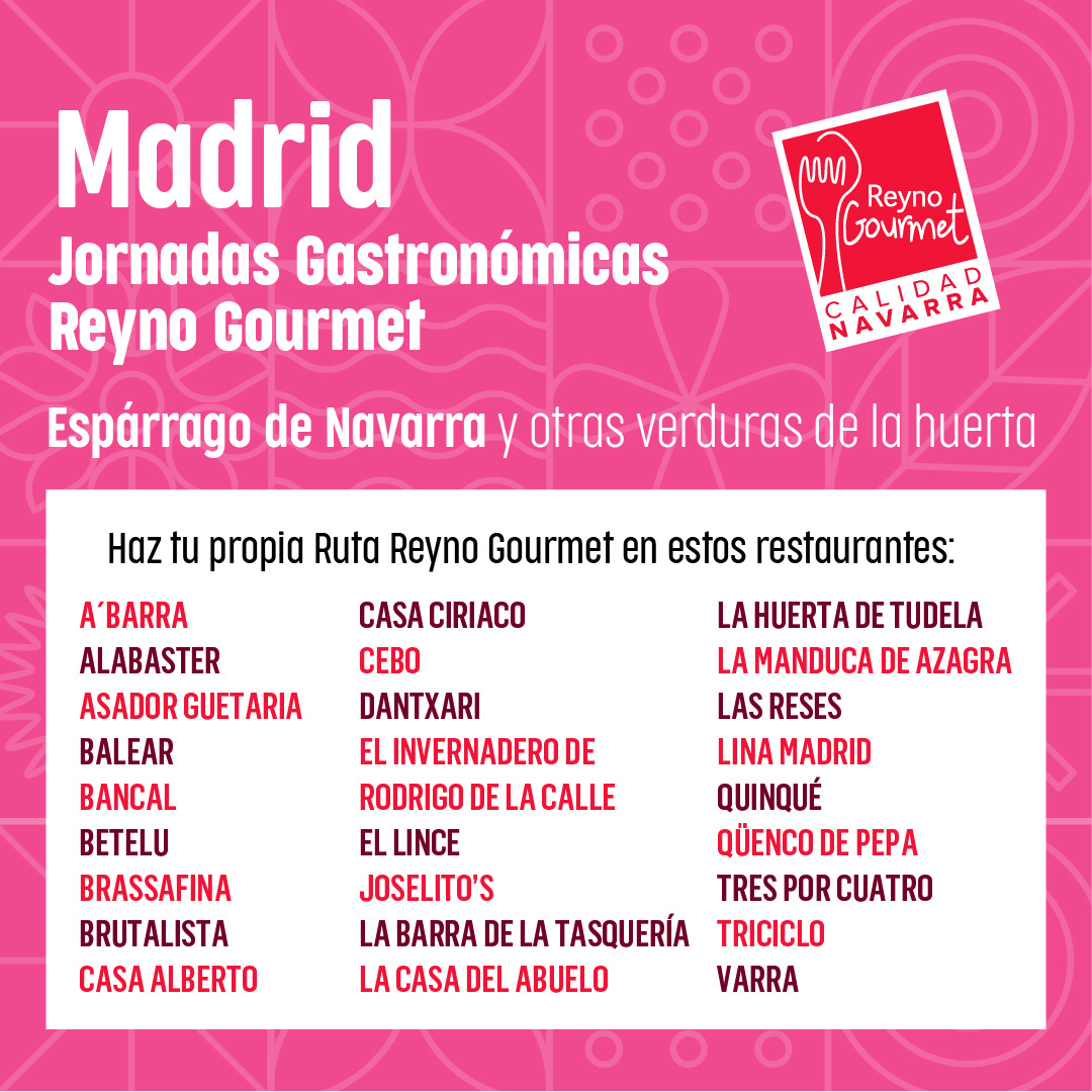 Reyno Gourmet (@reyno_gourmet) on Twitter photo Hasta finales de mayo, disfruta de la V #RutaReynoGourmet en Madrid, con el <a href="/esparrago_RG/">Espárrago de Navarra</a> y la <a href="/TudelAlcachofa/">Alcachofa de Tudela</a> como protagonistas.
¡Aún estáis a tiempo de disfrutar de la ruta, pero no os demoréis!
#RutaReynoGourmetMadrid #reynogourmet #esparragodenavarra Hasta finales de mayo, disfruta de la V #RutaReynoGourmet en Madrid, con el <a href="/esparrago_RG/">Espárrago de Navarra</a> y la <a href="/TudelAlcachofa/">Alcachofa de Tudela</a> como protagonistas.
¡Aún estáis a tiempo de disfrutar de la ruta, pero no os demoréis!
#RutaReynoGourmetMadrid #reynogourmet #esparragodenavarra