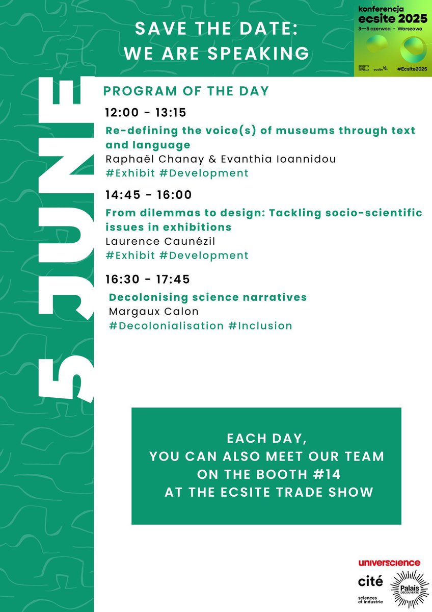 🎯 Universcience will be at <a href="/Ecsite/">Ecsite</a> 2025 in Warsaw, Poland, from June 3 to 5!
Discover our sessions, exhibitions &amp; international offer 🌍

Meet us at Booth 14 – Ecsite Trade Show

📅 Full programme here: universcience.fr/en/pro-area/ex…
#ECSITE2025