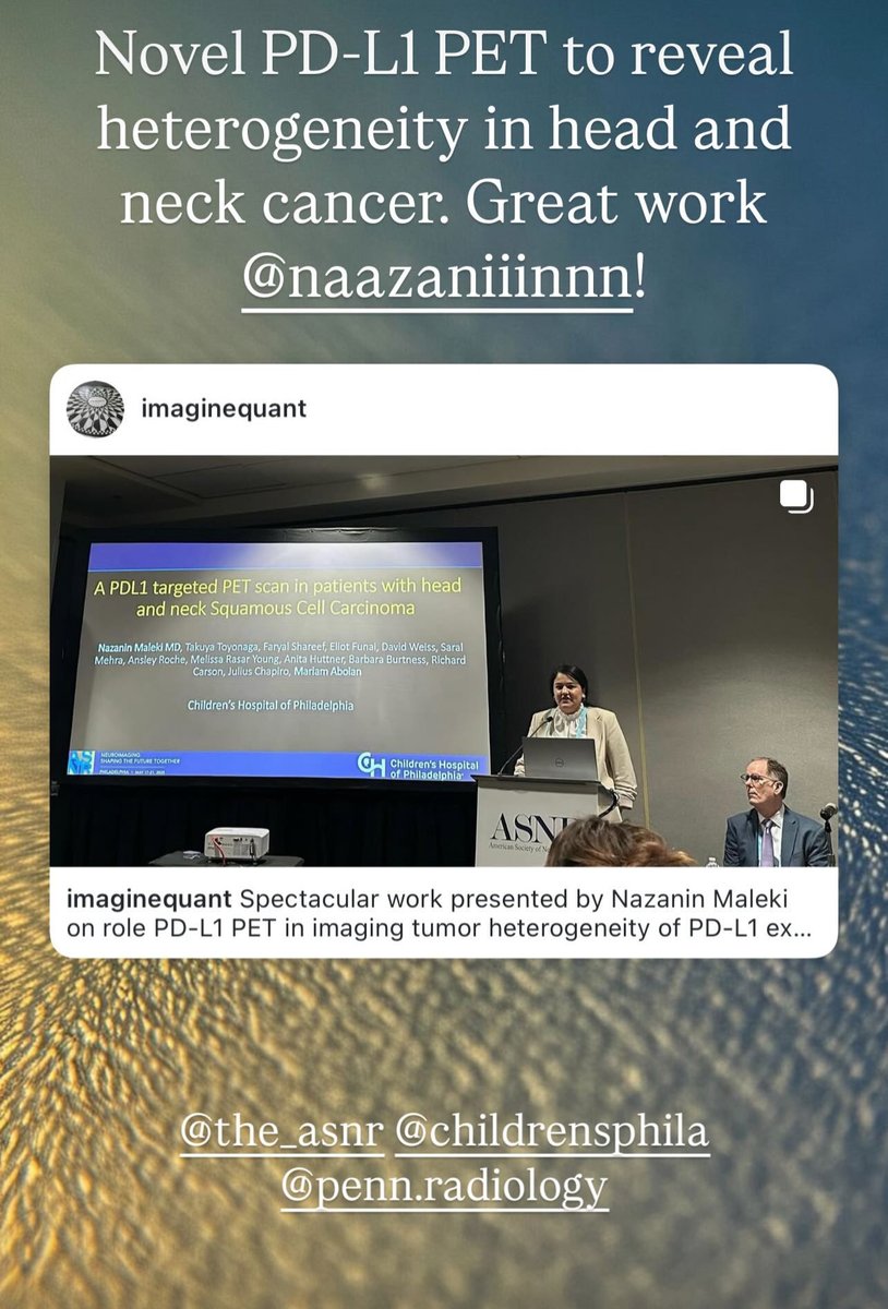 Mariam Aboian (@mariamaboian) on Twitter photo Excellent work <a href="/MalekiNazanin/">Nazanin Maleki</a> presenting on prospective clinical trial of novel PET imaging of PD-L1 expression levels in Head&Neck cancer at <a href="/TheASNR/">The American Society of Neuroradiology</a> ! <a href="/ChildrensPhila/">Children's Hospital</a> <a href="/PennRadiology/">Penn Radiology</a> <a href="/ErinSchwartzMD/">Erin Simon Schwartz, MD, FACR (she/her)</a> <a href="/YaleRadiology/">Yale Department of Radiology & Biomedical Imaging</a> <a href="/JuliusChapiro/">Julius Chapiro</a> Excellent work <a href="/MalekiNazanin/">Nazanin Maleki</a> presenting on prospective clinical trial of novel PET imaging of PD-L1 expression levels in Head&Neck cancer at <a href="/TheASNR/">The American Society of Neuroradiology</a> ! <a href="/ChildrensPhila/">Children's Hospital</a> <a href="/PennRadiology/">Penn Radiology</a> <a href="/ErinSchwartzMD/">Erin Simon Schwartz, MD, FACR (she/her)</a> <a href="/YaleRadiology/">Yale Department of Radiology & Biomedical Imaging</a> <a href="/JuliusChapiro/">Julius Chapiro</a>