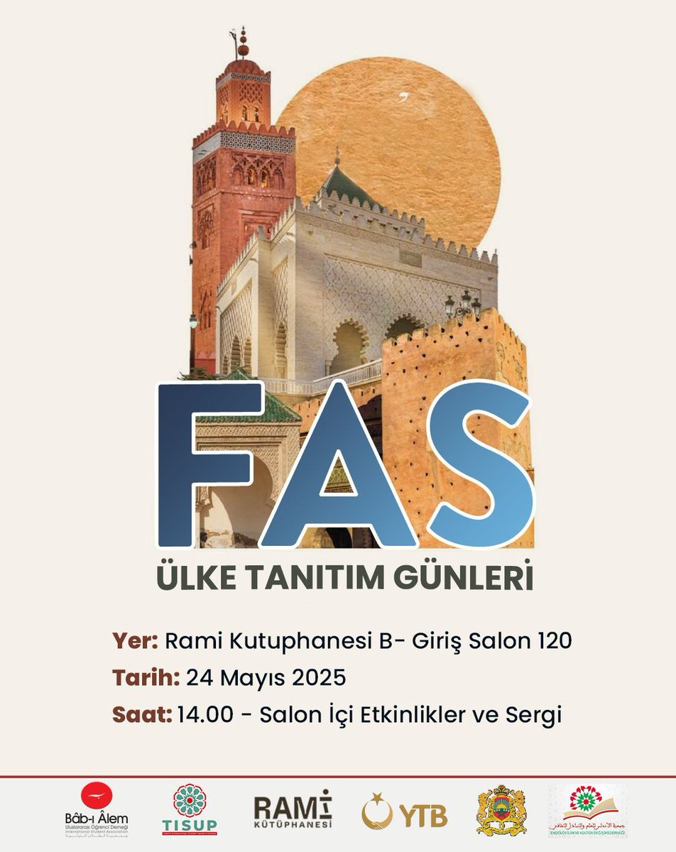 Fas’ın büyüleyici kültürü, sanatı ve renkli atmosferi İstanbul’da hayat buluyor!

📍 Yer: Rami Kütüphanesi, B Giriş - Salon 120
📅 Tarih: 24 Mayıs 2025
🎤 Program: 14.00
