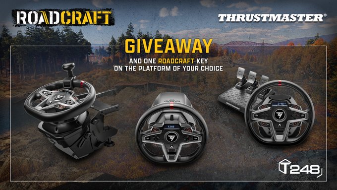 Thrustmaster T248 racing wheel and pedals featured in a giveaway announcement for the game Roadcraft Background shows a scenic landscape