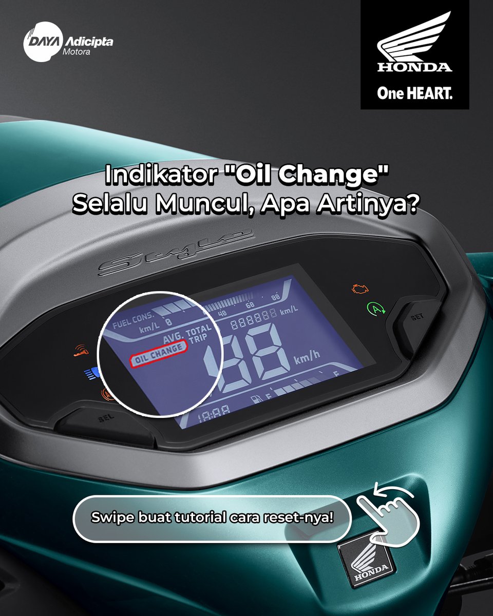 alwayshonda's tweet image. Indikator "Oil Change" selalu muncul, emang artinya apa sih?! 🤔

Cuss swipe buat simak alasan kenapa indikator ini muncul dan cara resetnya! 👉

#Stylo #HondaStylo #TipsMotor #HondaMotorIndonesia #AlwaysHonda #DayaAdiciptaMotora #OneHeart #HondaJawaBarat