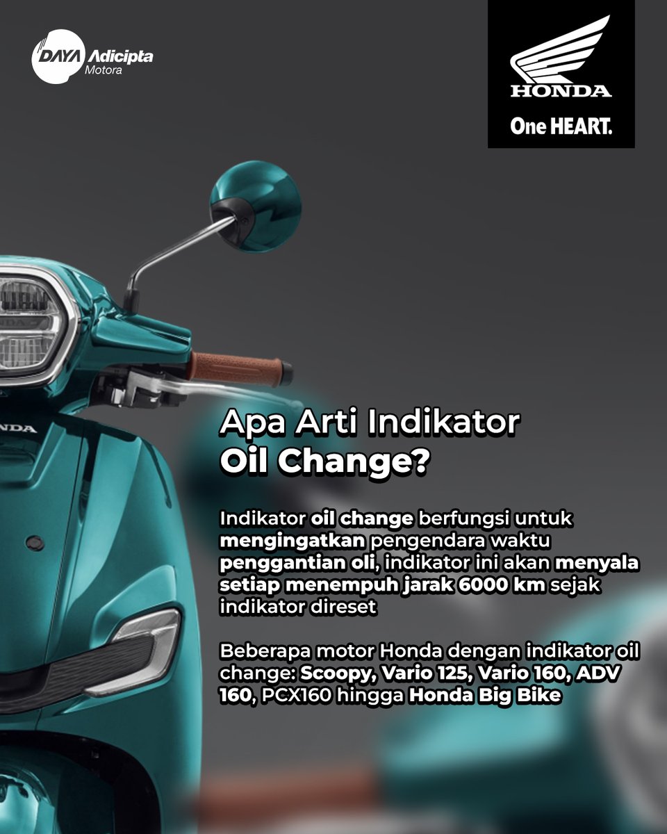 alwayshonda's tweet image. Indikator "Oil Change" selalu muncul, emang artinya apa sih?! 🤔

Cuss swipe buat simak alasan kenapa indikator ini muncul dan cara resetnya! 👉

#Stylo #HondaStylo #TipsMotor #HondaMotorIndonesia #AlwaysHonda #DayaAdiciptaMotora #OneHeart #HondaJawaBarat