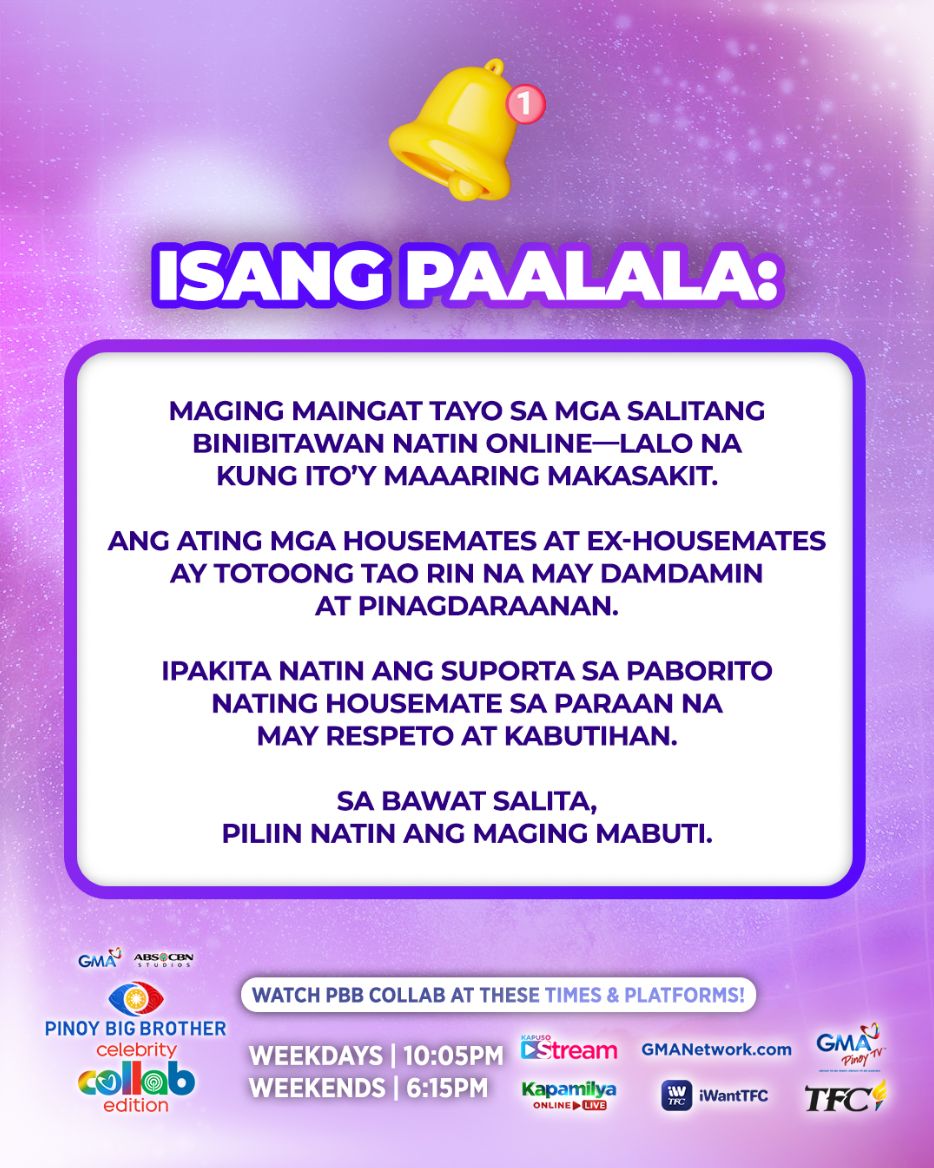 Safeguarding the privacy of the Housemates is a responsibility that GMA,  ABS-CBN, and the PBB Collab management team takes seriously at all times.  We do not tolerate any actions that harm the, image size:934x1168
