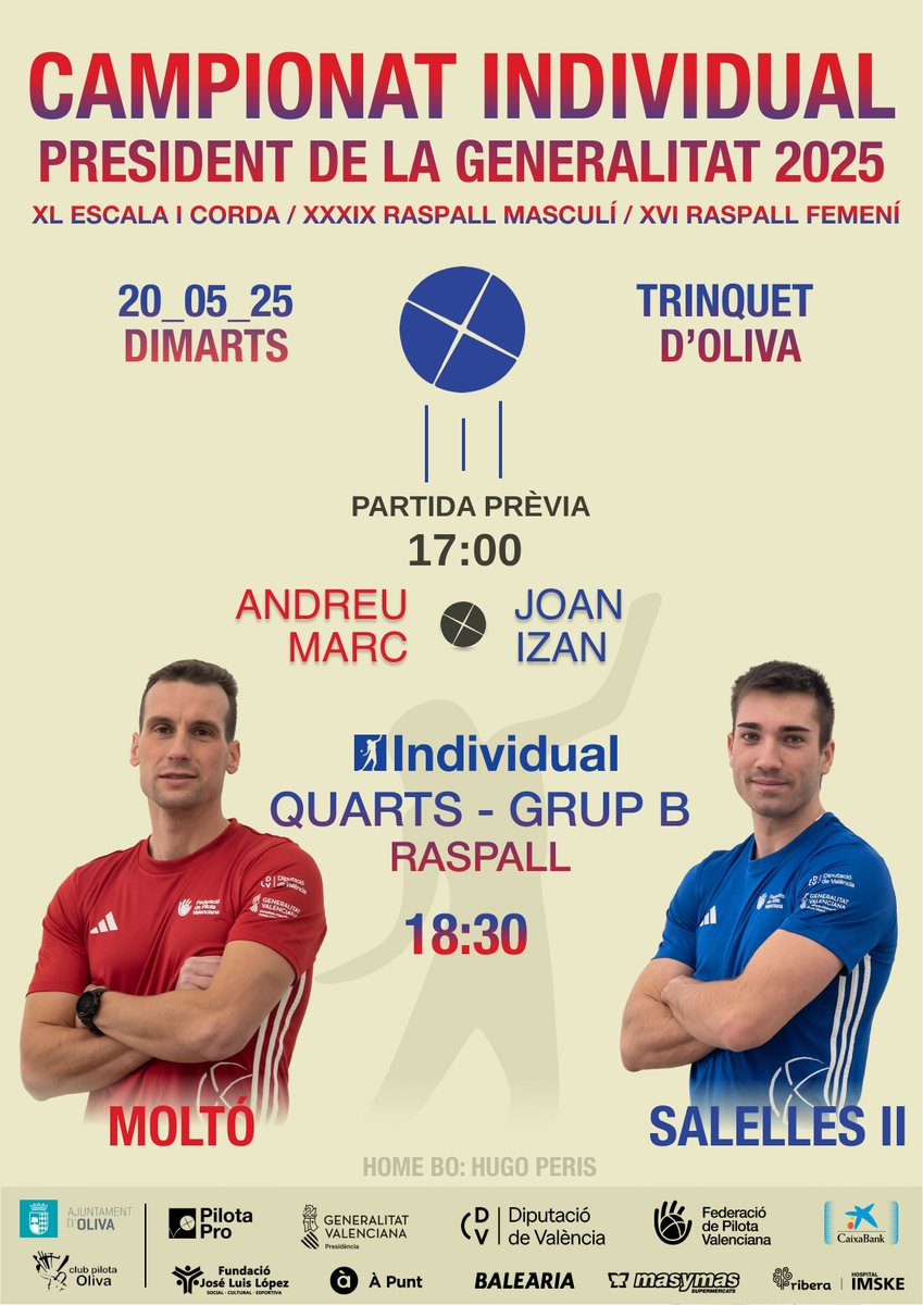 Hui tenim l'enfrontament entre Moltó i Salelles al trinquet d'Oliva. Els dos han superat una ronda prèvia i compartixen grup amb Iván i Marrahí

⚠️La partida de Clara contra M. Valero queda suspesa per lesió de la de Beniparrell. Clara avança de ronda i s'enfrontarà contra Amparo