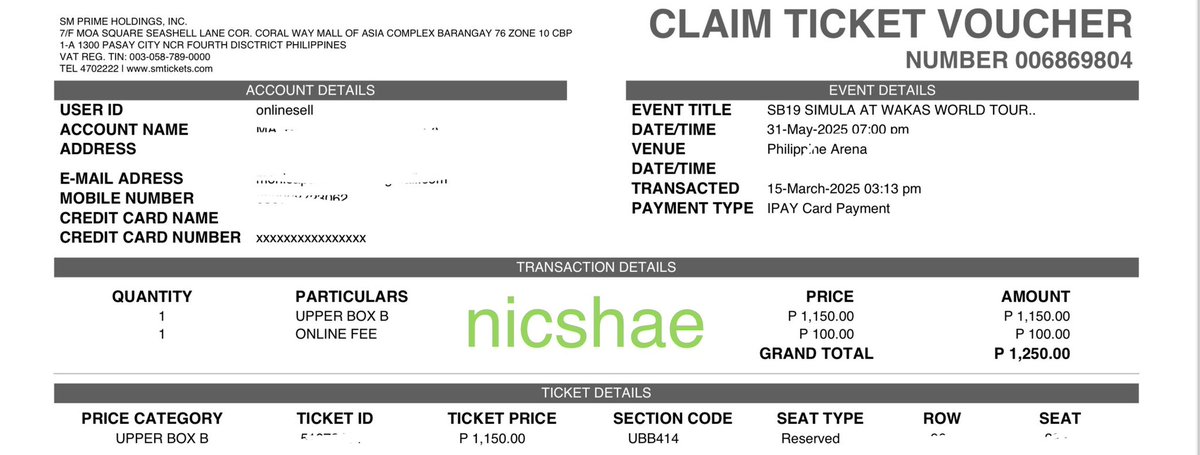 Nicshae's tweet photo. WTS/LFB
Day 1 SB19 SAW ticket

1 UBB for 900 na lang po. Willing to meet up around SM Tarlac/SM clark. Willing to ship as well (buyer must shoulder sf)

RFS: Ako lang nakasecure ng Day 1 ticket sa barkada 🥲 We’ll attend day 2 instead. 

PM me po 🙂

#SaWWorldTourKickoff https://t.co/wJyGZuW14P