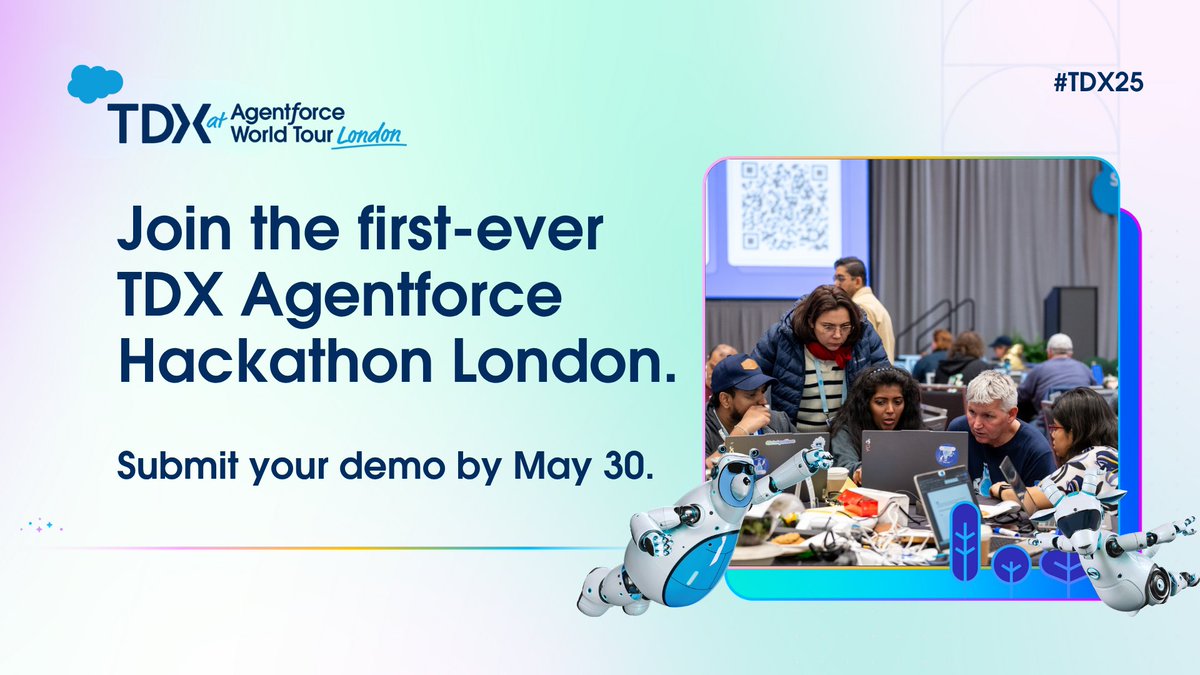 SalesforceDevs's tweet photo. 🚨 The first-ever #AgentforceHackathon is coming to #TDX25 London.

Get hands-on with Agentforce, team up with fellow Agentblazers, and compete for a chance to win big.
 
💡 Submit your 5-min demo by May 30.
🎤 Get the chance to pitch live at TDX London.
🏆 Win fun prizes, including a trip to #DF25.

Register now. 👉 https://t.co/5n7FETrn63

Terms apply. #SFContest