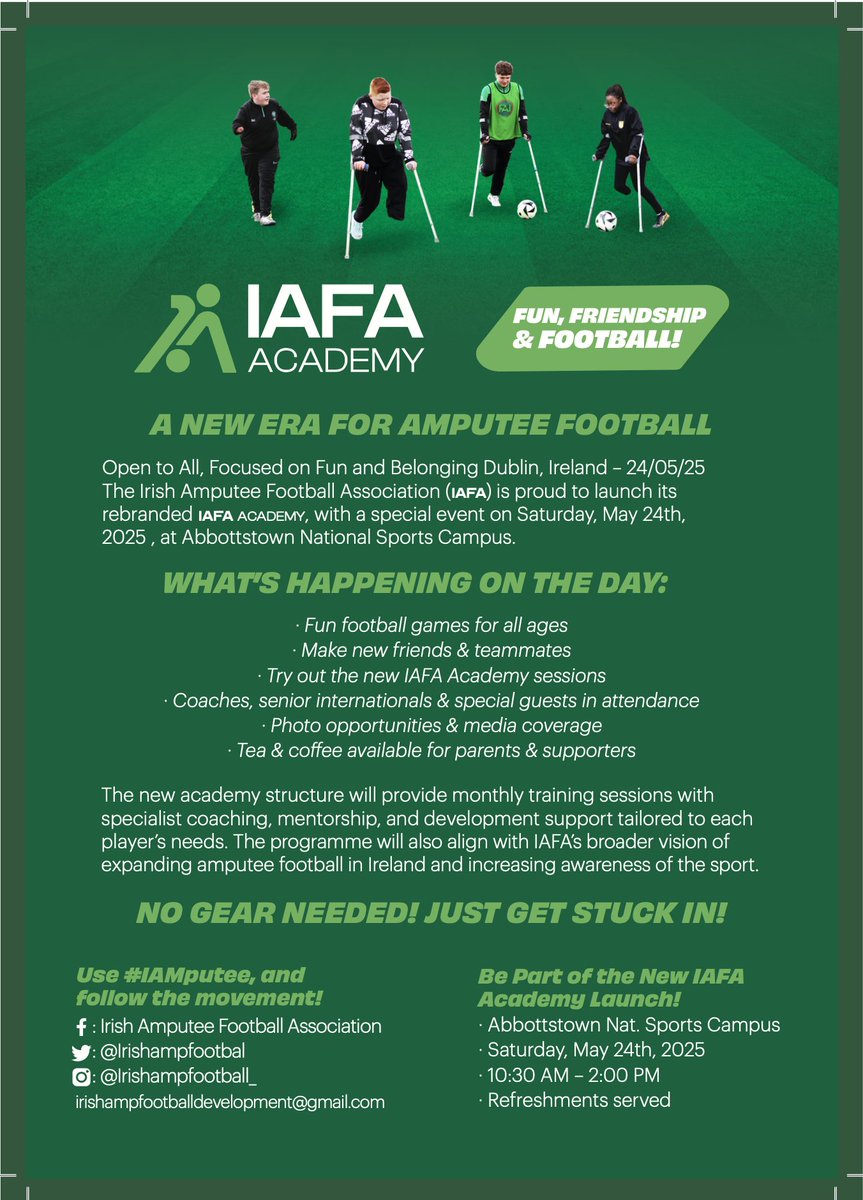 ⚽ Open to amputees &amp; those with limb differences, age 5+!
Whether you're new, returning, or aiming for Ireland—this is your space to play. 🇮🇪

#InclusiveFootball #AmputeeSoccer

Sign-Up Link: forms.gle/TkyxYmPKjbEm7c…

<a href="/JimmyMowlds/">Jimmy Mowlds</a> <a href="/OffalySP/">Offaly Sports Partnership</a>
