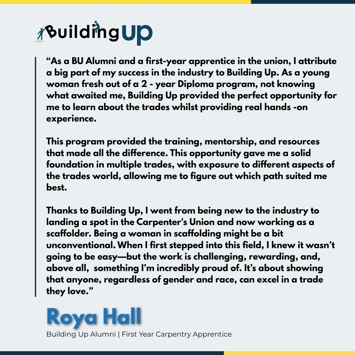 “It wasn’t just about getting into the trades—it was about making sure I thrived.” 💪🏽👷🏽‍♀️

Roya, a BU alum and first-year apprentice in the Carpenters’ Union shares her story. 

#AlumniSuccessStory