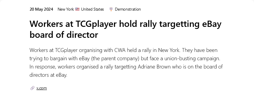 #OtD 20 May 2024 Workers at TCGplayer organising with CWA held a rally in New York targetting eBay board of director gameworkersolidarity.com/action/2024-05…