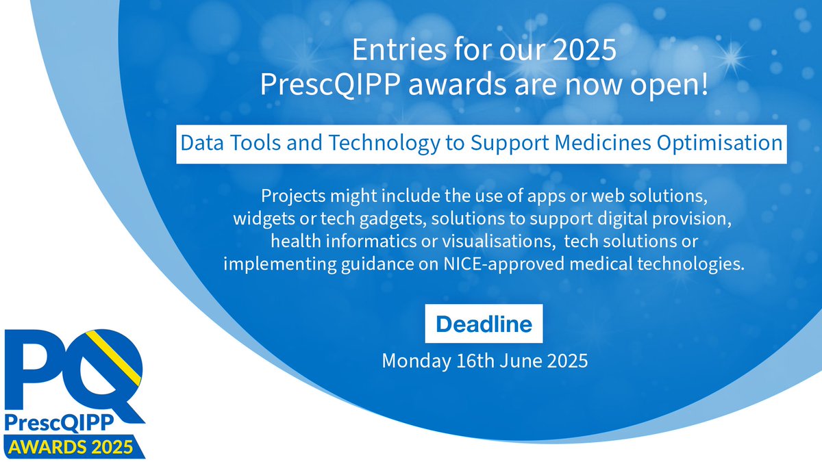 PrescQIPP CIC (@prescqipp) on Twitter photo If you've used technology and data to boost medicines optimisation, you could win a #PrescQIPP2025 Award.
Our categories include 'Data tools and technology to support medicines optimisation'.
👉 prescqipp.info/community-reso…
<a href="/brianmackenna/">theirishpharmacist</a> <a href="/HealthInnovNet/">Health Innovation Network</a> <a href="/coachingchemist/">Jamie Hayes</a> <a href="/NHSDorset/">NHS Dorset</a> If you've used technology and data to boost medicines optimisation, you could win a #PrescQIPP2025 Award.
Our categories include 'Data tools and technology to support medicines optimisation'.
👉 prescqipp.info/community-reso…
<a href="/brianmackenna/">theirishpharmacist</a> <a href="/HealthInnovNet/">Health Innovation Network</a> <a href="/coachingchemist/">Jamie Hayes</a> <a href="/NHSDorset/">NHS Dorset</a>