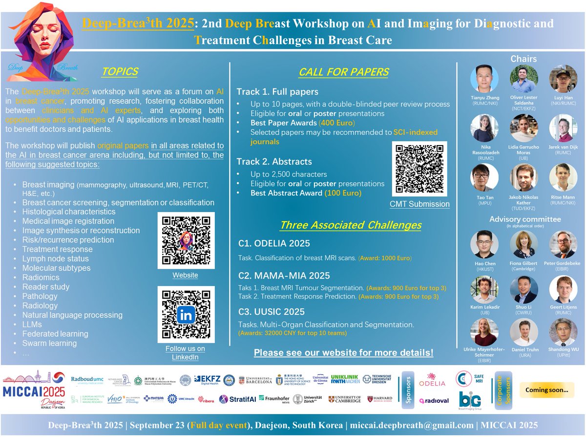 ODELIA Project (@odelia_ai) on Twitter photo π¨ We are excited to organise Deep-Breath 2025:
2nd Deep Breast Workshop on AI & Imaging for Diagnostic & Treatment Challenges in Breast Care!
πat <a href="/MiccaiS/">MICCAI</a> 2025
π Daejeon, South Korea
π
23-27 Sept 2025
π’ Call for papers & registration: deep-breath-miccai.github.io/deepbreath-202β¦
#HorizonEU π¨ We are excited to organise Deep-Breath 2025:
2nd Deep Breast Workshop on AI & Imaging for Diagnostic & Treatment Challenges in Breast Care!
πat <a href="/MiccaiS/">MICCAI</a> 2025
π Daejeon, South Korea
π
23-27 Sept 2025
π’ Call for papers & registration: deep-breath-miccai.github.io/deepbreath-202β¦
#HorizonEU