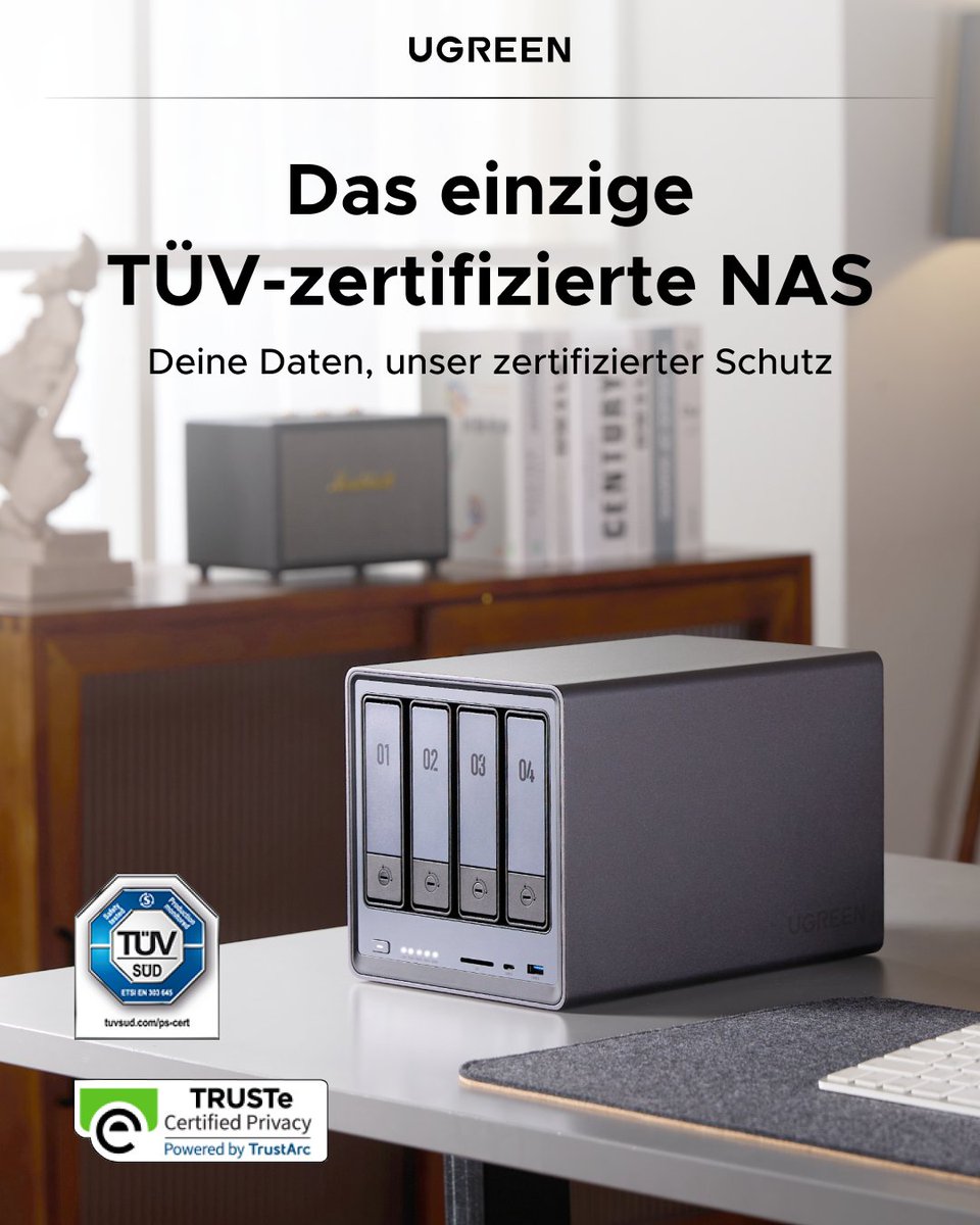 🔐 Versprechen reichen nicht – deine Daten verdienen echten, zertifizierten Schutz.  
UGREEN NAS ist die einzige Marke, die nach dem deutschen TÜV SÜD ETSI EN 303 645 Sicherheitsstandard zertifiziert ist – und bietet dir damit professionellen Schutz für deine Privatsphäre. 
Du