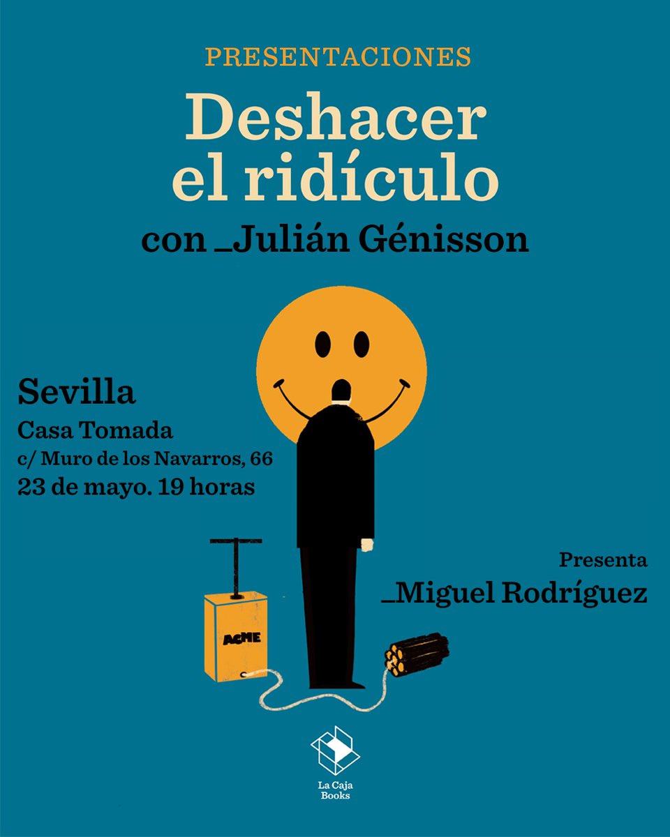 Julián Génisson (@canodrama) on Twitter photo ¡Sevilla! Este viernes 23 a las 19h presentamos esto¹ en <a href="/enlacasatomada/">Casa Tomada</a> junto a Miguel Rodríguez (contraprogramando la nueva de Misión Imposible).
¡Gracias y suerte!
————————
¹ lacajabooks.com/libro/deshacer… ¡Sevilla! Este viernes 23 a las 19h presentamos esto¹ en <a href="/enlacasatomada/">Casa Tomada</a> junto a Miguel Rodríguez (contraprogramando la nueva de Misión Imposible).
¡Gracias y suerte!
————————
¹ lacajabooks.com/libro/deshacer…