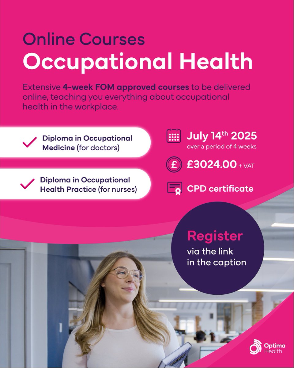 Advance your #occhealth expertise! Our 2-week, FOM-approved course starts 14th July, 2025. Parallel sessions for Nurses (DipOHPrac) &amp; Doctors (DipOccMed) offer profession specific learning and a CPD certificate for FOM exams. Book your spot here: optimahealth.co.uk/course/fom-dip…