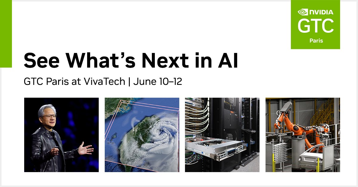 NVIDIA Europe (@nvidiaeu) on Twitter photo Discover cutting-edge insights at #GTCParis at <a href="/VivaTech/">Viva Technology</a> 2025:
đ§ Generative and Agentic AI
âď¸ AI Platforms and Cloud Infrastructure
đ¤ Robotics and Industrial AI
đ§Ź HPC and Quantum Computing
đ Sovereign AI in Europe
đ¤ And donât miss our CEO Jensen Huangâs keynote on June 11 Discover cutting-edge insights at #GTCParis at <a href="/VivaTech/">Viva Technology</a> 2025:
đ§ Generative and Agentic AI
âď¸ AI Platforms and Cloud Infrastructure
đ¤ Robotics and Industrial AI
đ§Ź HPC and Quantum Computing
đ Sovereign AI in Europe
đ¤ And donât miss our CEO Jensen Huangâs keynote on June 11