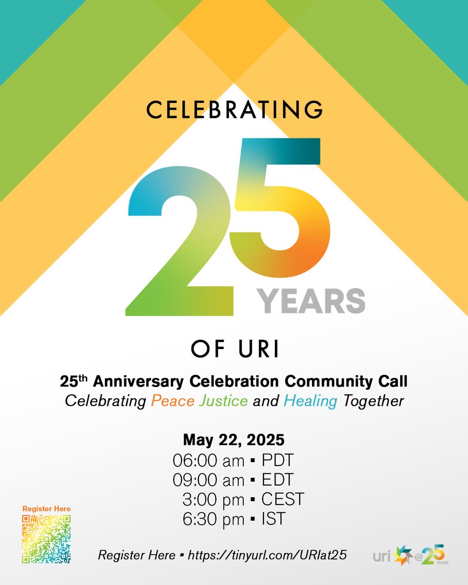 We are excited to invite you to the URI anniversary community call, celebrating 25 years of our commitment to peace, justice, and healing!
It is a special celebration- a call to ignite our collective spirit!
Click here to register: uri.org/uri-25th-anniv…
#URI25