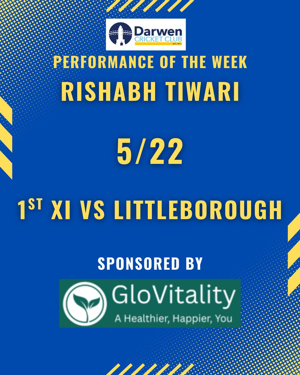 𝗣𝗲𝗿𝗳𝗼𝗿𝗺𝗮𝗻𝗰𝗲 𝗼𝗳 𝘁𝗵𝗲 𝗪𝗲𝗲𝗸 🏏 

Performance of the week goes to Rishabh Tiwari who took 5/22

Well done to James Mercer and Josh Shaw who both hit 80+ in the friendly victory at Cherry Tree &amp; Lucy Mercer who starred in the ladies defeat at Ribb Wanderers🗼