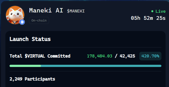 TLdn43's tweet photo. ๐ฅ $MANEKI of @Maneki_DeFi is on fire!
โณ Less than 6h left
๐ 2,249 participants
๐ฐ 178,484 $VIRTUAL committed
โก๏ธ Oversubscribed 420%+
The catโs not just cute, itโs your AI copilot for DeFi.
#ManekiAI #Virtuals #YAP #InfoFi @virtuals_io @KaitoAI https://t.co/H3dEligWYo