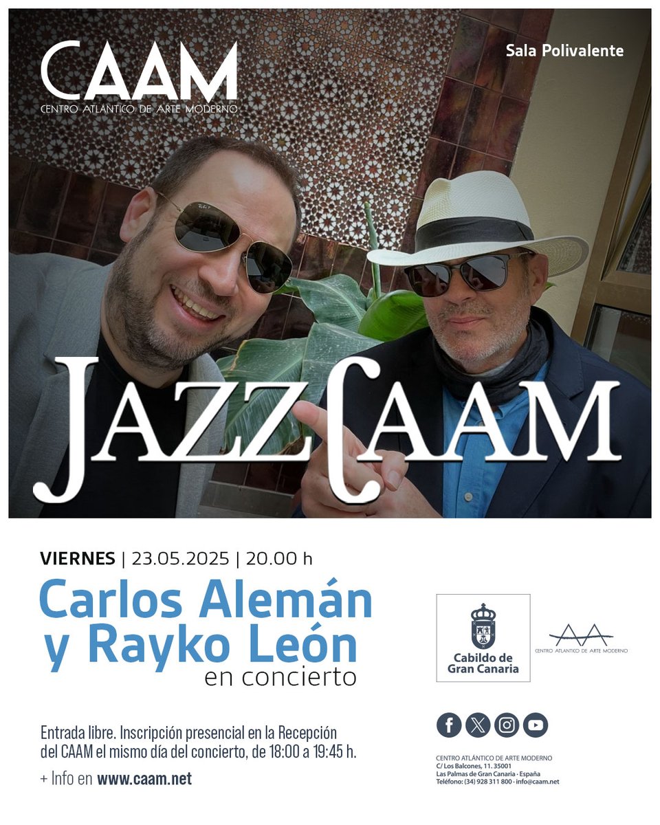 🎶Este viernes 23 de mayo, a las 20:00, recibimos en el #CAAM a dos gigantes de la música: Carlos Alemán y Rayko León, que protagonizan un nuevo concierto del ciclo #jazzcaam, junto a Rodolfo 'Fofi' Lusson, bajo, y Osvaldo Hernández, batería. 

➕Info: caam.net/.../concierto-…