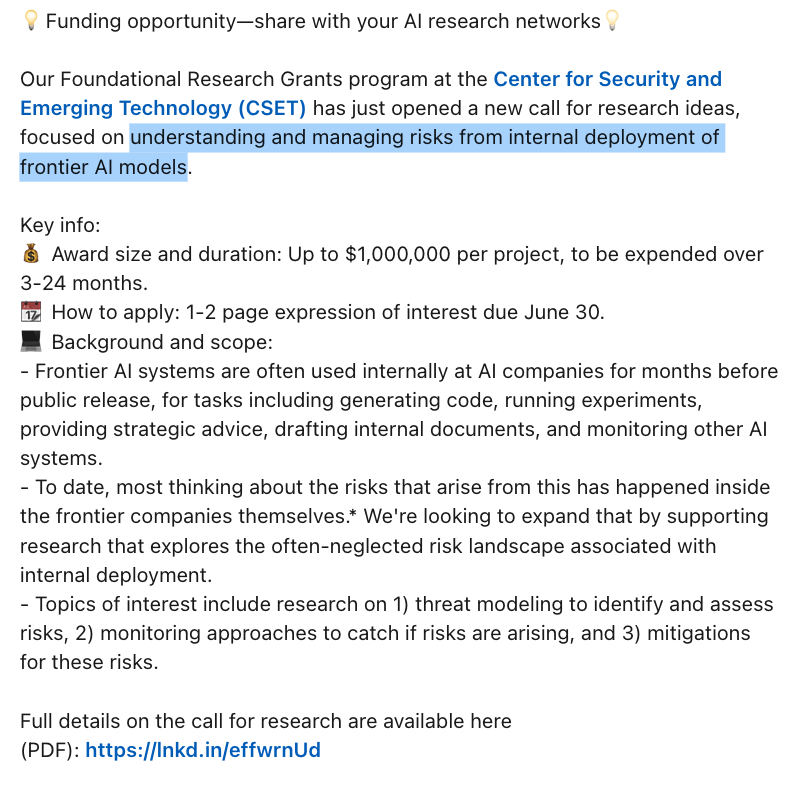 Funding opportunity to work on understanding and managing risks from internal deployment of frontier AI models (an often ignored issue). 1/