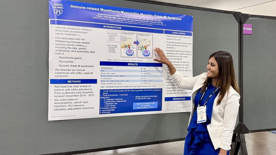 Honored to present our work on Immune-related Myasthenia-Myocarditis-Myositis (Triple-M) Syndrome at #ATS2025! Grateful for the opportunity to raise awareness on this rare but critical irAE. #Pulmonary #Immunotherapy <a href="/MayoPCCM/">MayoPCCM</a>