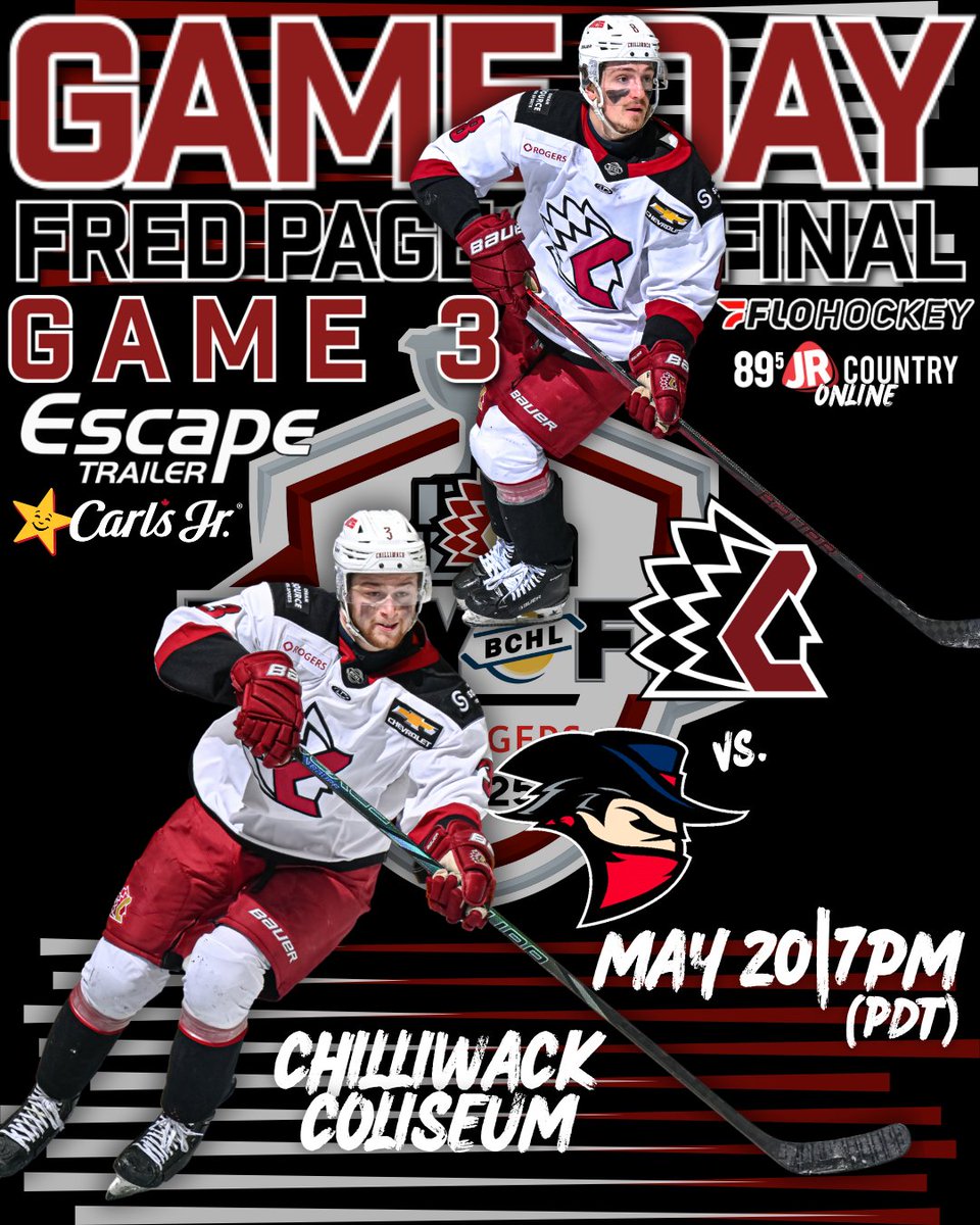 The Fred Page Cup Final continues tonight with game 3️⃣ 

🕖 7pm (PDT)
📍 Chilliwack Coliseum
🎟️ Starting at $12 
🆚 Brooks Bandits
📺 <a href="/FloHockey/">FloHockey</a> 
🎙️ <a href="/895jrcountry/">89.5 JR Country</a> online

Purchase Tickets 🎟️: show.ps/l/7af6b5ee/
Listen live🎙️: 895jrcountry.ca/chilliwackchie…