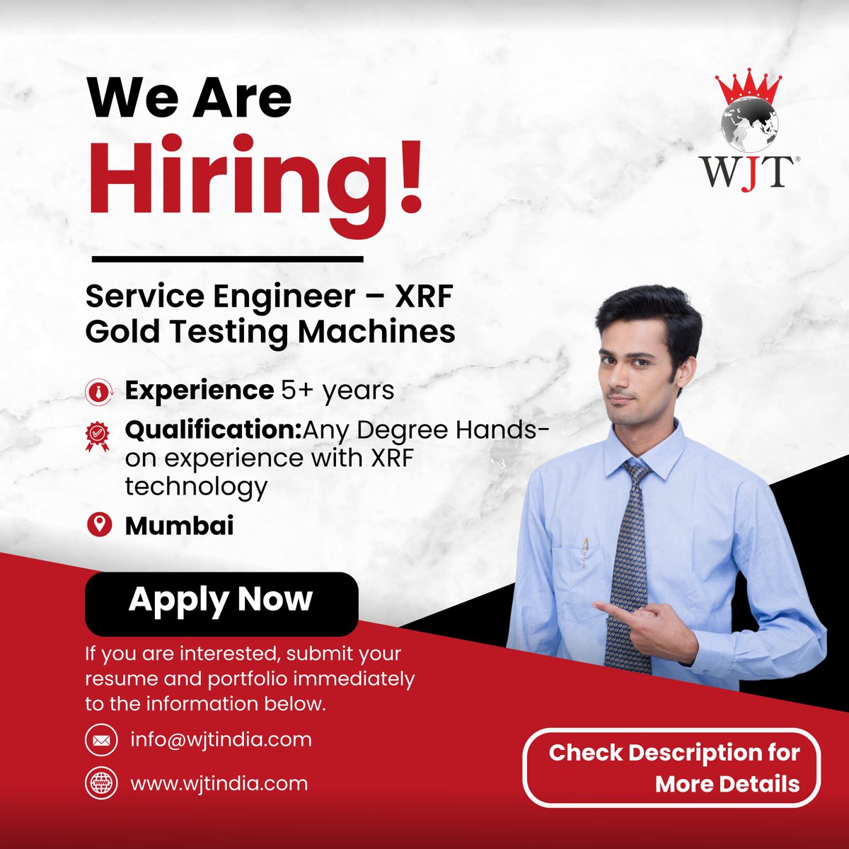 wjtindia's tweet image. Job Title: Service Engineer – XRF Gold Testing Machines

Apply Now 
E-mail :  info@wjtindia.com
#XRFTechnology #GoldTesting #PreciousMetals #JewelryTech #MetallurgyJobs #EngineeringJobs #MumbaiHiring #ServiceEngineer #TechnicalJobs #NowHiring #EquipmentMaintenance