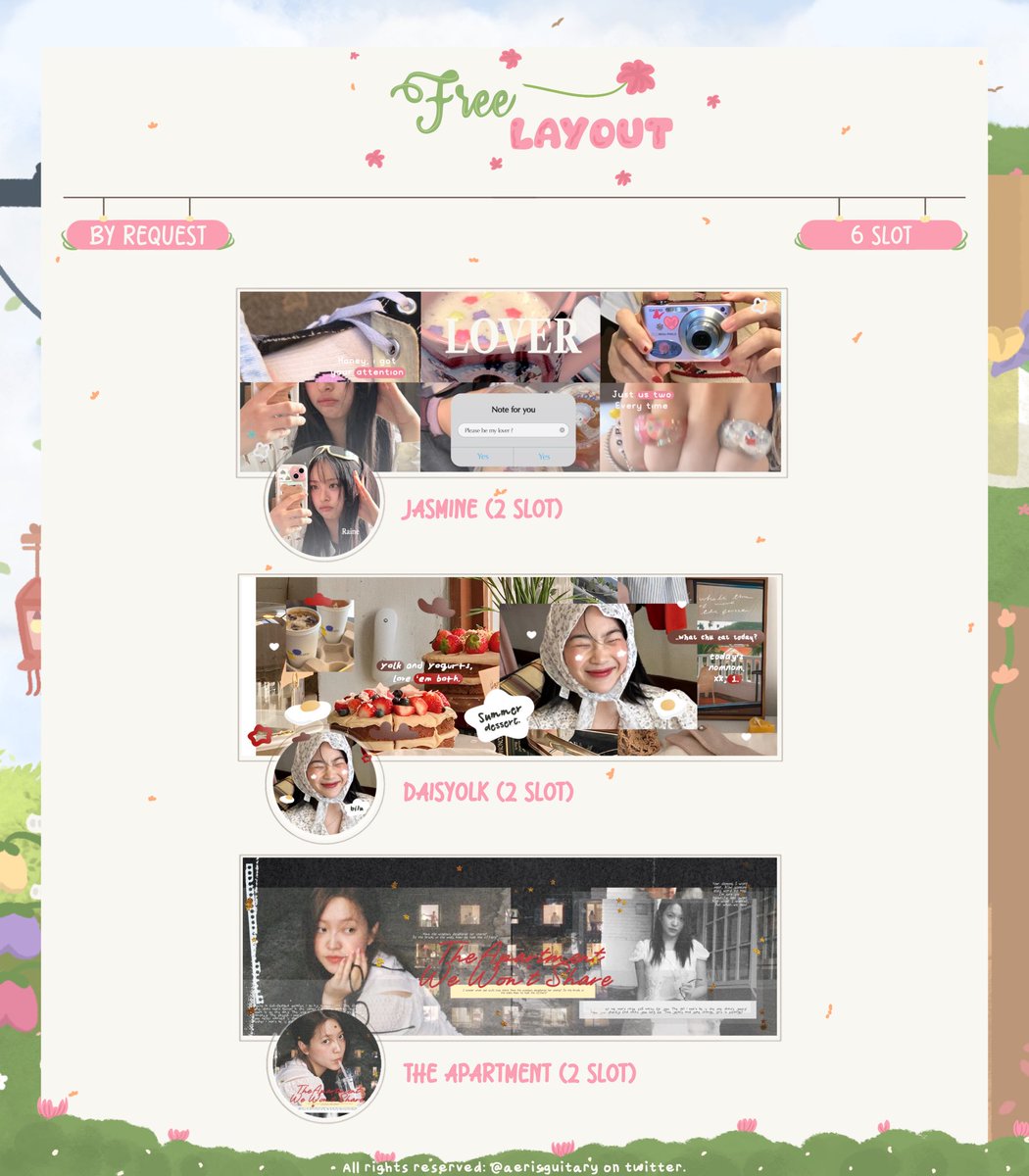 aerisguitary's tweet photo. RT will be appreciated! ୨୧

Dalam rangka Frans's birthday (@pentasela ) 🎂 ada 6 SLOT FREE LAYOUT BY REQUEST yang bisa kalian jemput hari ini! 
Free layout bisa di claim jam 19.45 WIB via DM.

More info scroll down ⬇️

#zonauang #zonaba https://t.co/eDk1Pz55mV