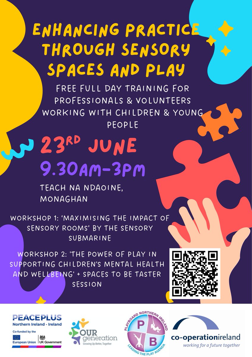 PlayBoard NI (@playboard_) on Twitter photo Enhancing practice through sensory spaces and play
In partnership with <a href="/cooperationirl/">Co-operation Ireland</a> we're hosting a FREE full day training for professionals and volunteers working with children and young people on 23 June in Teach na nDaoine, Monaghan
👉 eventbrite.co.uk/e/creating-cha…
#PEACEPLUS Enhancing practice through sensory spaces and play
In partnership with <a href="/cooperationirl/">Co-operation Ireland</a> we're hosting a FREE full day training for professionals and volunteers working with children and young people on 23 June in Teach na nDaoine, Monaghan
👉 eventbrite.co.uk/e/creating-cha…
#PEACEPLUS