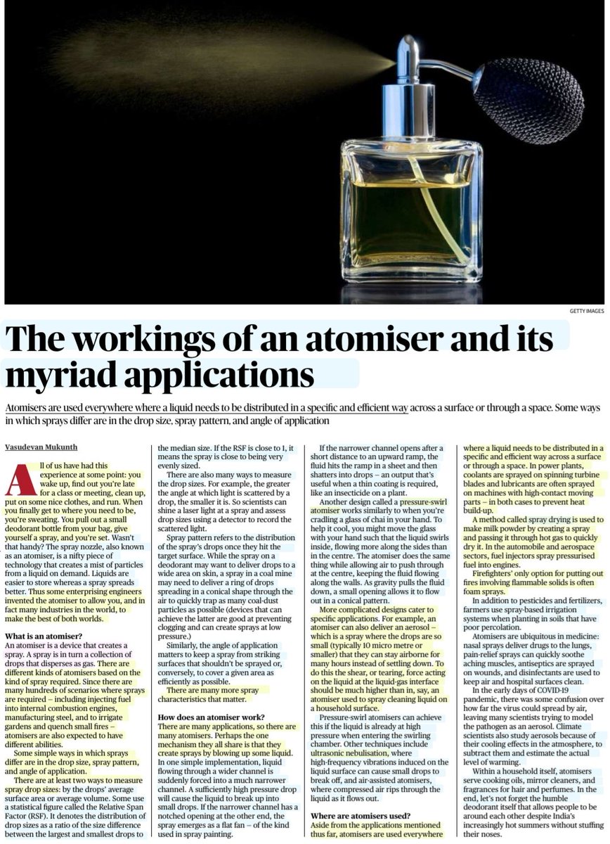 imRavikantYadav's tweet image. 'The workings of an Atomiser &amp;amp; its myriad applications'

:An Insightful article by Sh Vasudevan Mukunth
@1amnerd 

#Atomiser -a device that creates a spray

#Atomizer #Spray 
#PressureSwirlAtomiser #Ultrasonic #Nebulisation #SprayDrying #Industry #manufacturing #Medicines

#UPSC