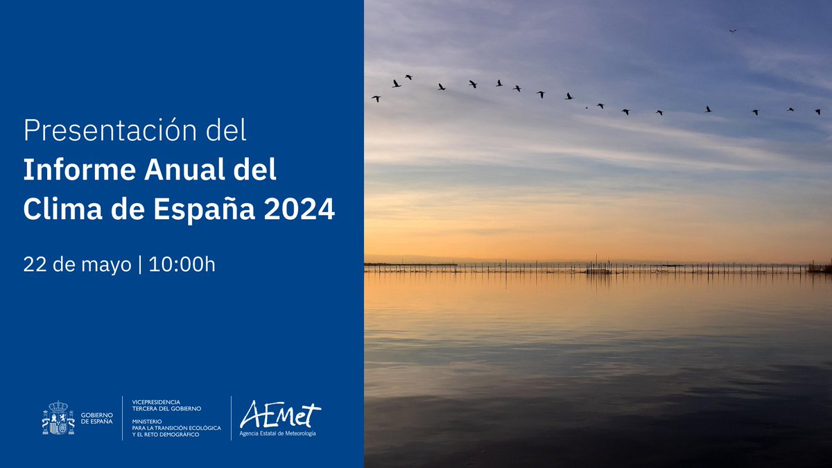 📈Presentamos el informe sobre el estado del clima de España 2024.

📺Síguelo a través de nuestro canal de YouTube el jueves, día 22, a las 10:00 h. Lo emitimos en directo en el marco de la semana de la administración abierta. 
#saa2025 

🔗 youtube.com/live/X0sOmxZQ8…