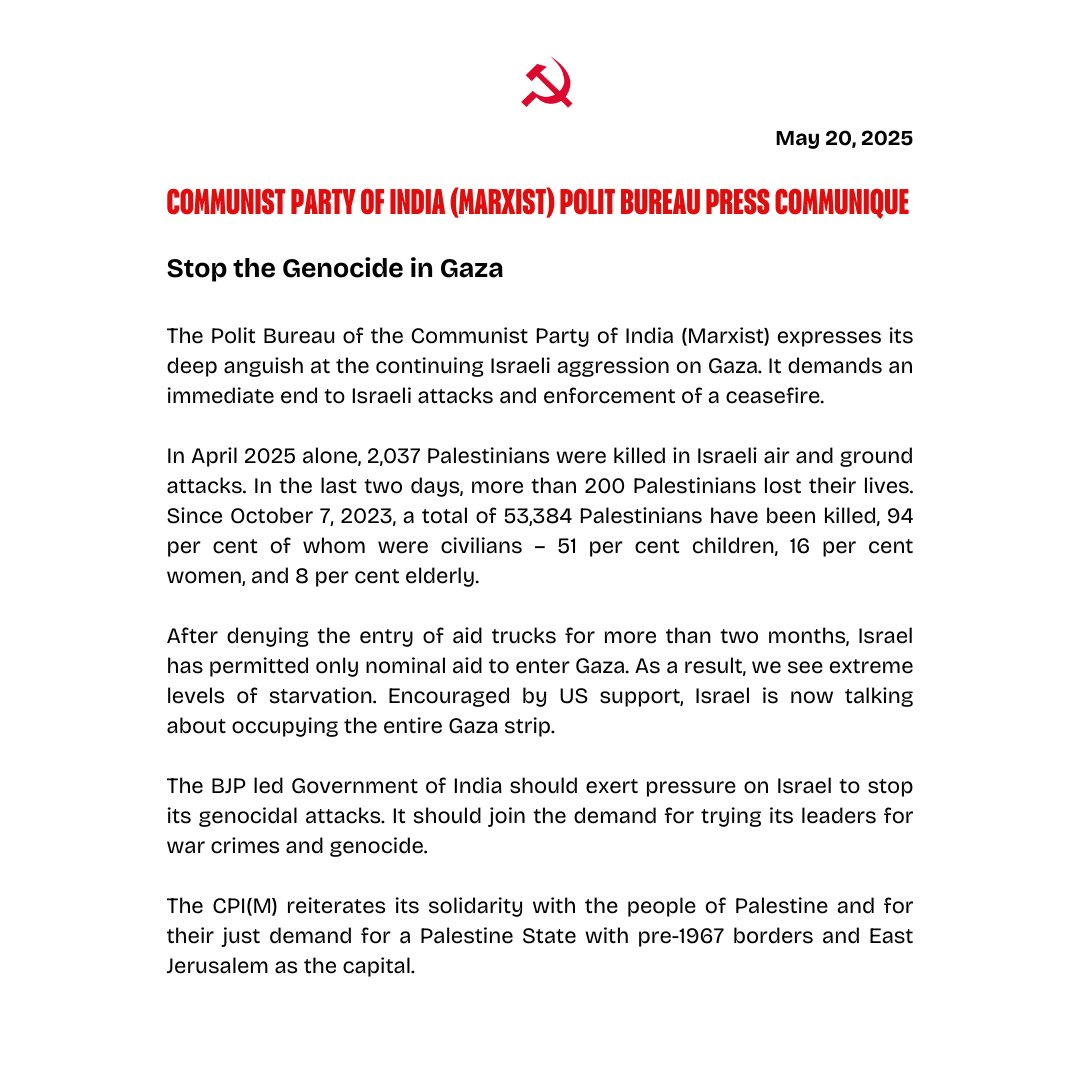 #CPIM Polit Bureau statement demanding an end to the #GazaGenocide

Read the statement at: cpim.org/stop-the-genoc…
