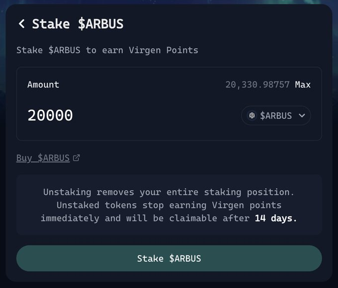 You can earn Virgen Points by staking $ARBUS now!