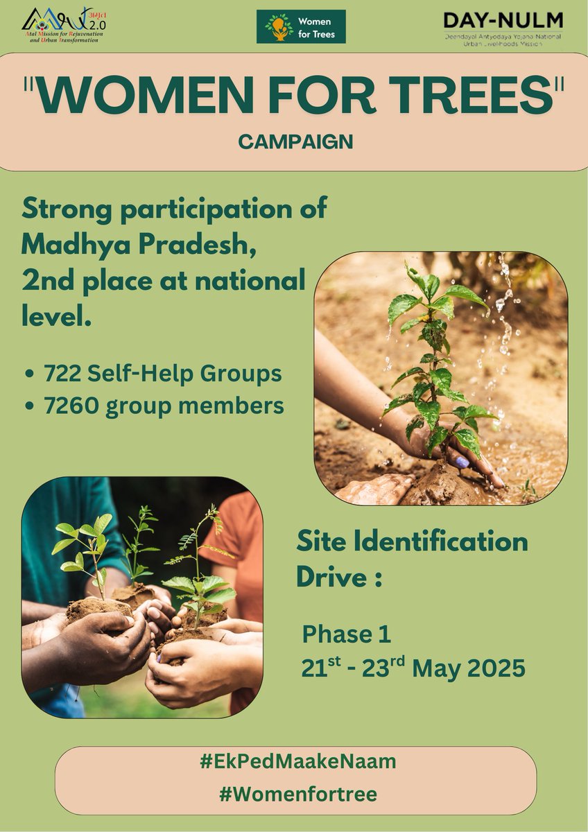 "Women for Tree"Campaign State hold 2nd position.
Under the joint aegis of Amrit and Day-NULM Yojana, 694 visits were made in the pre-visit program, 7260 group members of 722 self-help groups participated.
●Site Identification Drive-21 to 23 May 2025.
<a href="/mpurbandeptt/">Urban Administration & Development Department, MP</a> <a href="/NULM_MoHUA/">DAY-NULM</a>