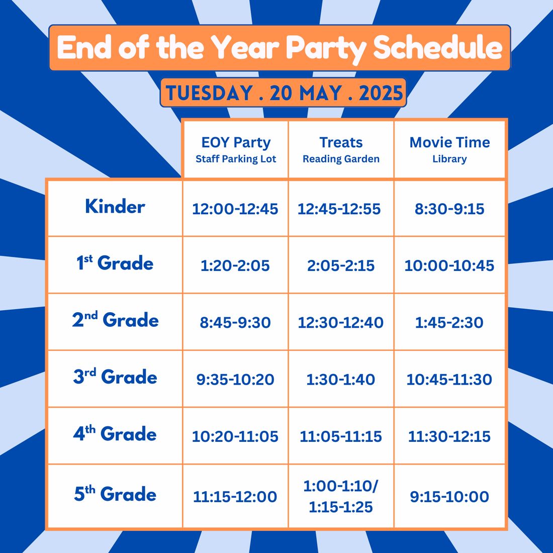End of the Year Parties are Tuesday, May 20th. All parents are welcome to attend the parties.