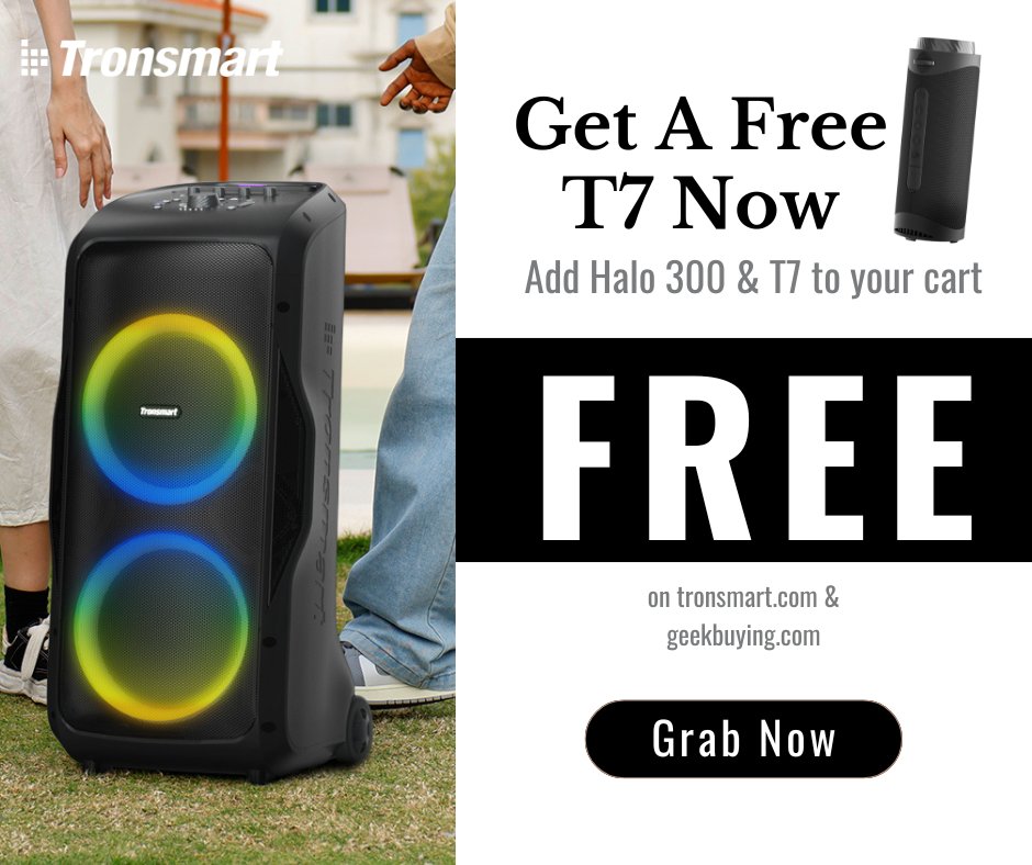 Buy the Halo 300, get a FREE #TronsmartT7 ($49.99 value)!
Hurry—offer ends May 31st or while stocks last!📷
*The Halo 300 will be in stock soon on Amazon, AliExpress, Mercadolibre. Please stay tuned.
Act now📷bit.ly/43lpHkf
#tronsmart #Halo300 #T7 #partyspeaker #party