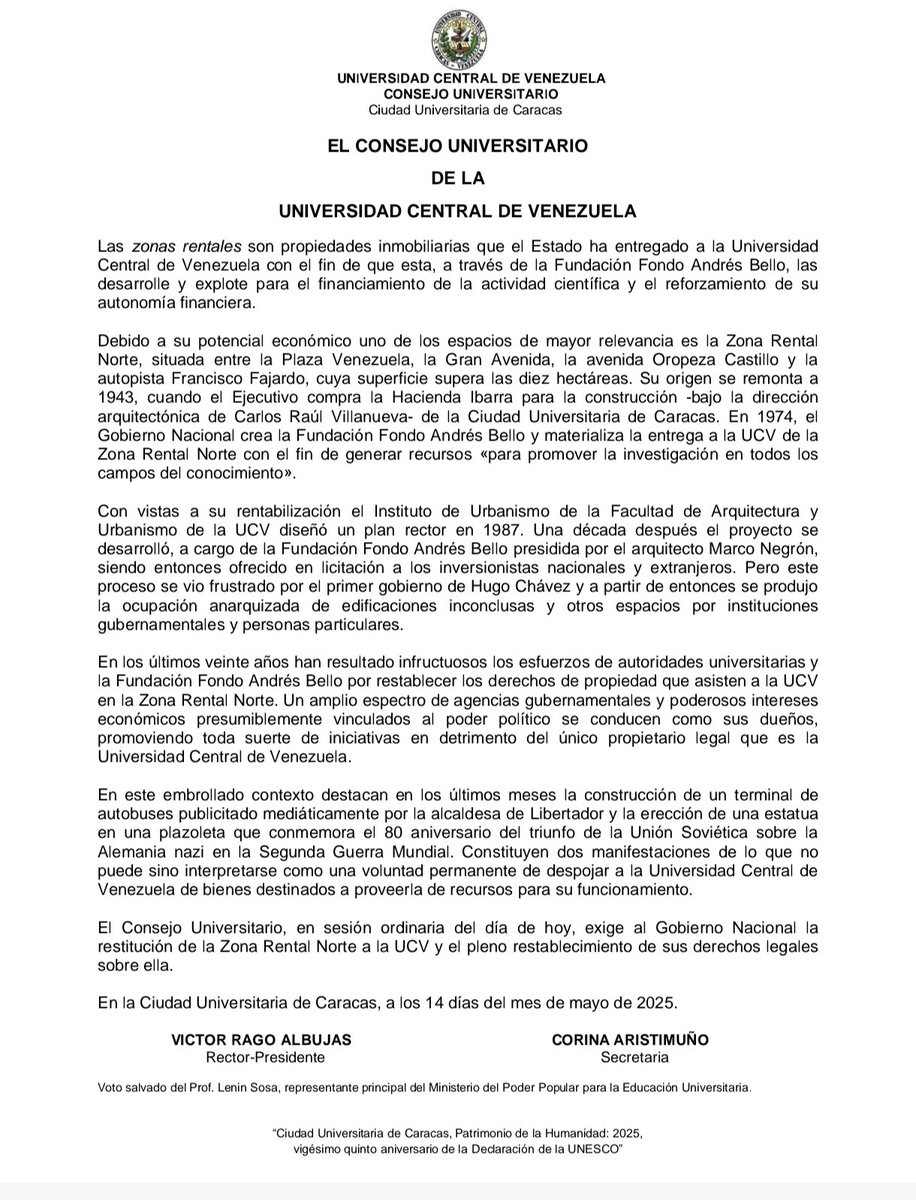 Acompañamos esta clara y justificada exigencia del Consejo Universitario: La Zona Rental Norte es de la #UCV.

#Venezuela #Profesores