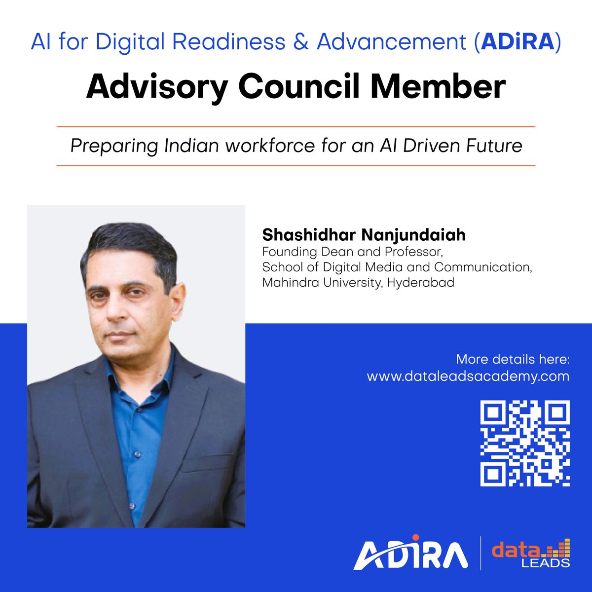 We’re excited to welcome Prof. Shashi Nanjundaiah — leading media educator &amp; thought leader — to the ADiRA Expert Advisory Committee! 🙌

His expertise will power our mission to build an AI-ready media ecosystem in India. 

👉 Apply now: shorturl.at/qYgNc

#AIwithADiRA