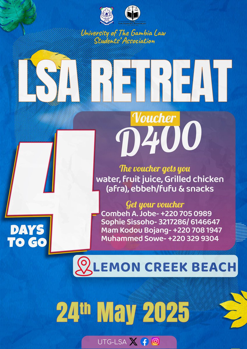 Count down begins!

We are just #4days away! What are you waiting for? Get your voucher package NOW and get to enjoy:

1. Grilled Chicken (afra);
2. Naturally pressed Fruit Juice;
3. Snacks; 
4. Ebbeh/Fufu; and
5. Water 

#Retreat 
#GiveYourselfATreat
